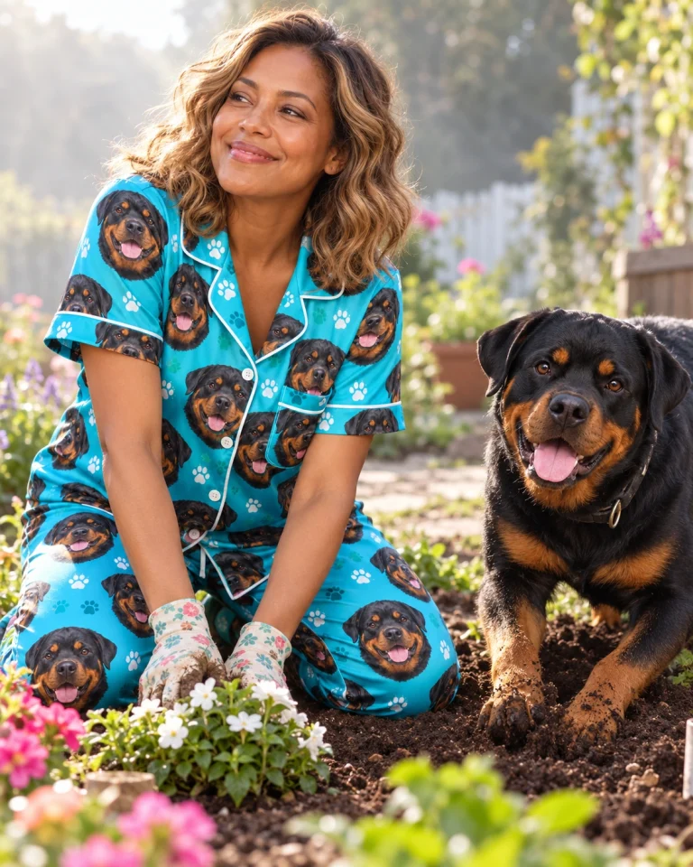 Woman in rottweiler print pajamas with her Rottweiler — MyDogPics