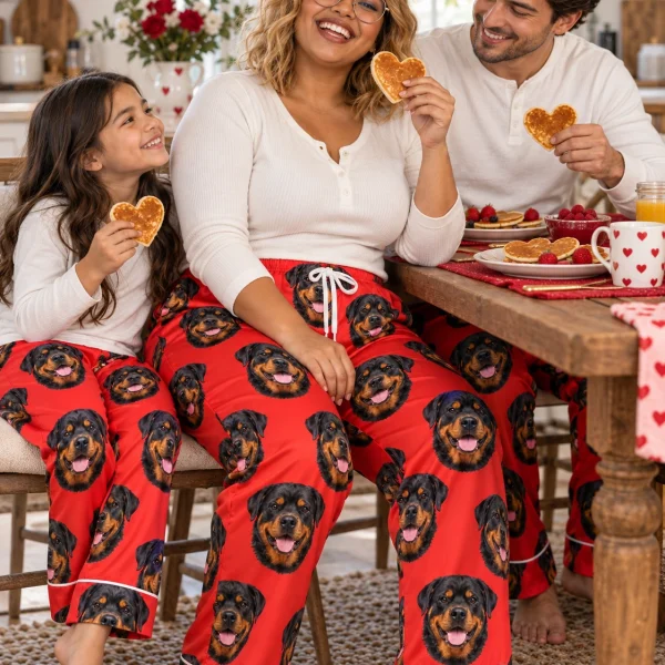 Woman and her family in matching rottweiler Valentine pajamas with black-and-mahogany Rottweiler faces — MyDogPics
