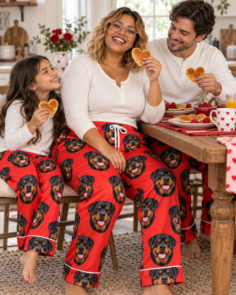 Woman and her family in matching rottweiler Valentine pajamas with black-and-mahogany Rottweiler faces — MyDogPics