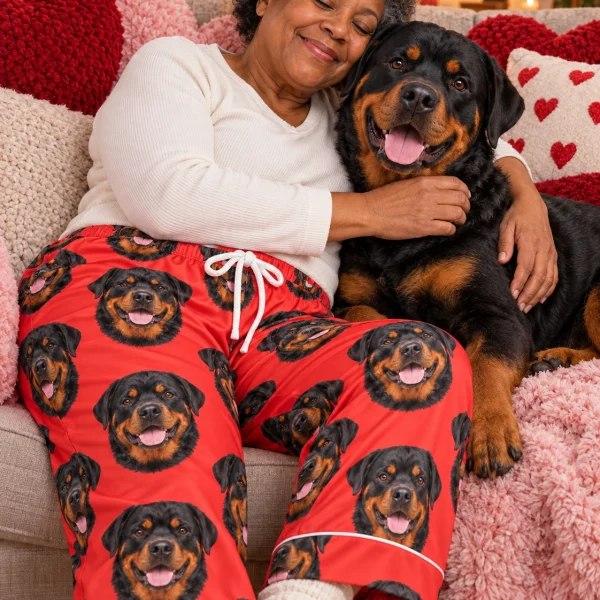Woman in rottweiler Valentine pajamas with her Rottweiler — MyDogPics