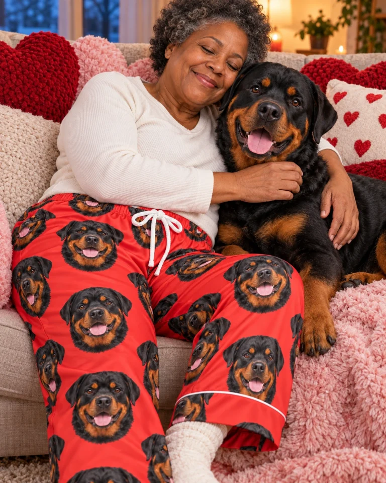 Woman in rottweiler Valentine pajamas with her Rottweiler — MyDogPics
