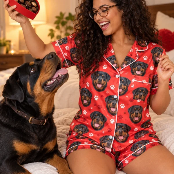 Woman in a rottweiler Valentines day pajama set with her Rottweiler — MyDogPics