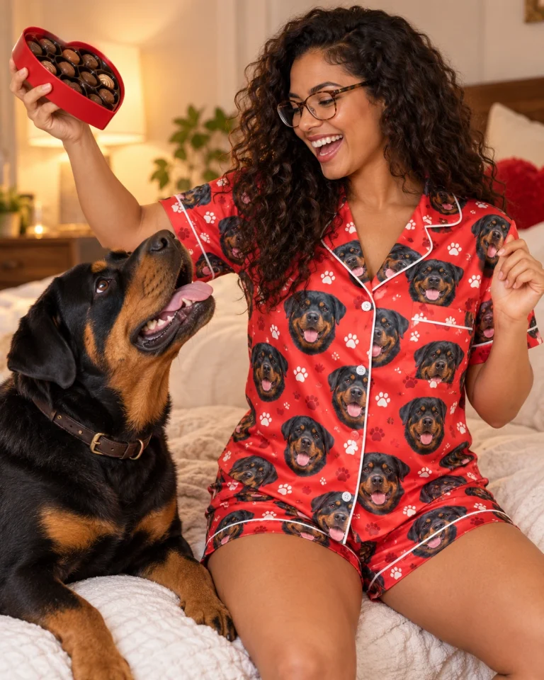Woman in a rottweiler Valentines day pajama set with her Rottweiler — MyDogPics