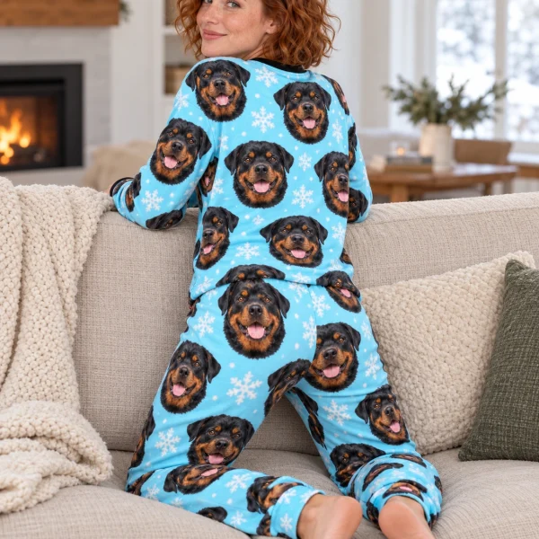 Back view of rottweiler winter pajamas: the print continues all the way round — MyDogPics