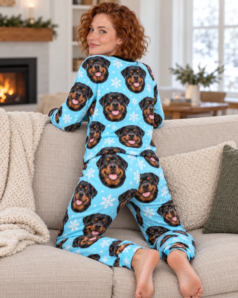 Back view of rottweiler winter pajamas: the print continues all the way round — MyDogPics