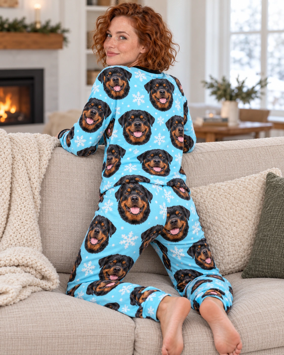 Rottweiler Winter Pajamas – Back View, Light Blue Snowflake | MyDogPics Back view of rottweiler winter pajamas: the print continues all the way round — MyDogPics