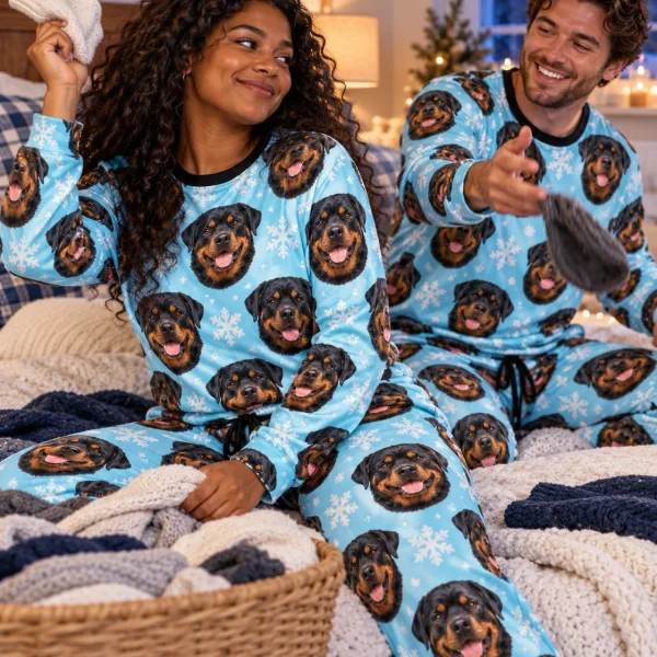 Woman and her partner in matching rottweiler winter pajamas with black-and-mahogany Rottweiler faces — MyDogPics