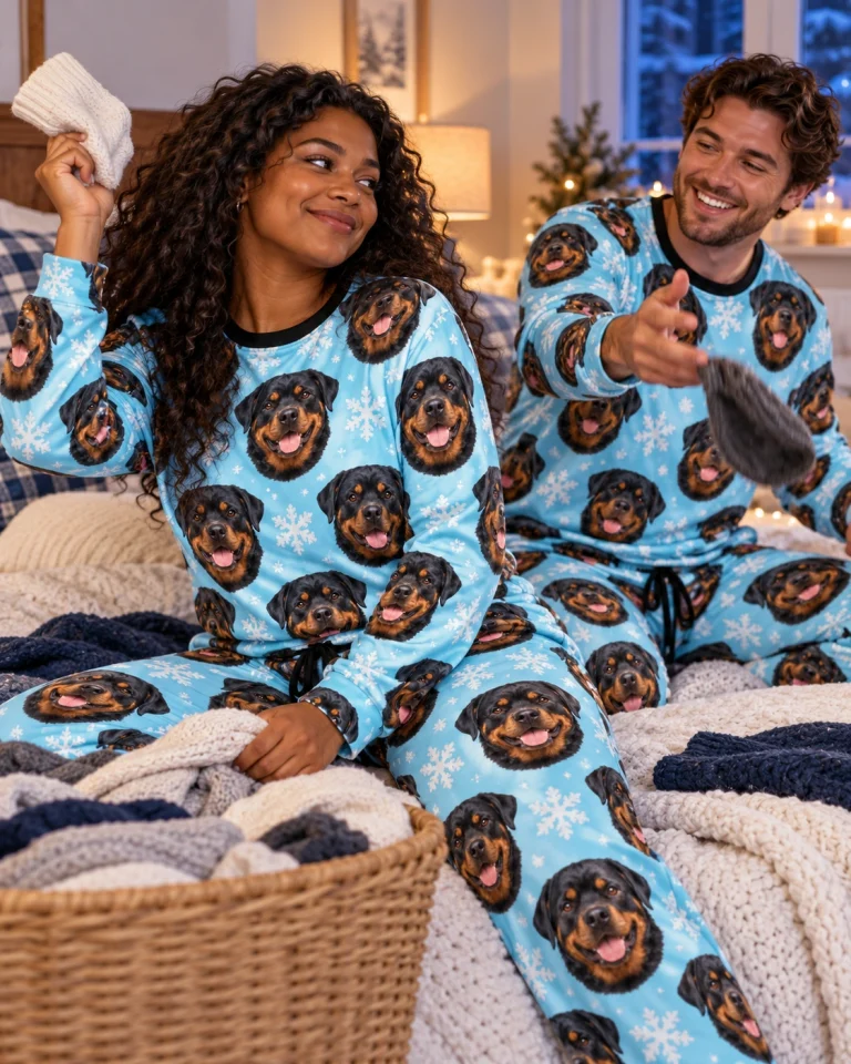 Woman and her partner in matching rottweiler winter pajamas with black-and-mahogany Rottweiler faces — MyDogPics