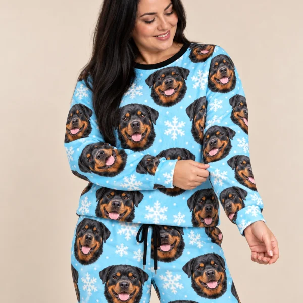 Woman wearing rottweiler winter pajamas covered in black-and-mahogany Rottweiler faces — MyDogPics