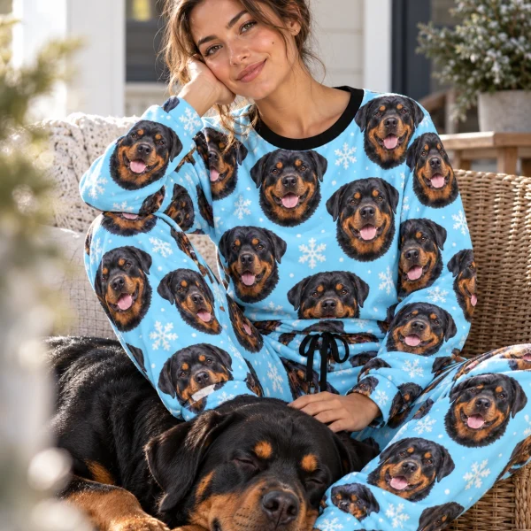 Woman in rottweiler winter pajamas with her Rottweiler — MyDogPics