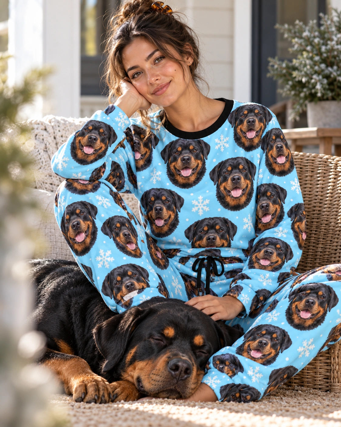 Rottweiler Winter Pajamas – With Dog, Light Blue Snowflake | MyDogPics Woman in rottweiler winter pajamas with her Rottweiler — MyDogPics
