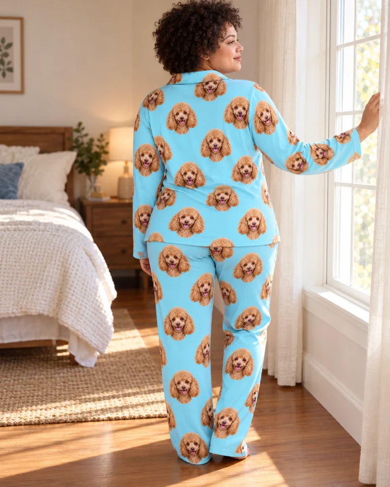 Back view of standard poodle pajamas: the print continues all the way round — MyDogPics