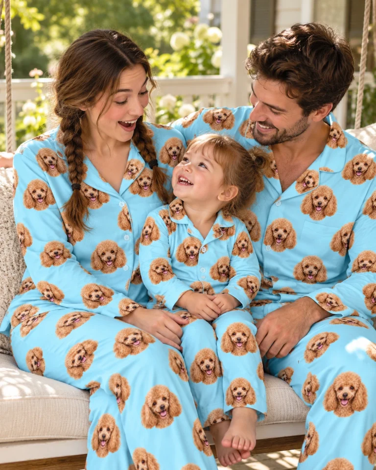 Woman and her family in matching standard poodle pajamas with apricot Poodle faces on light blue fabric — MyDogPics