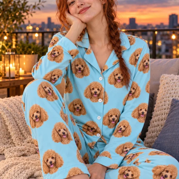 Woman sitting in standard poodle pajamas covered in apricot Poodle faces — MyDogPics
