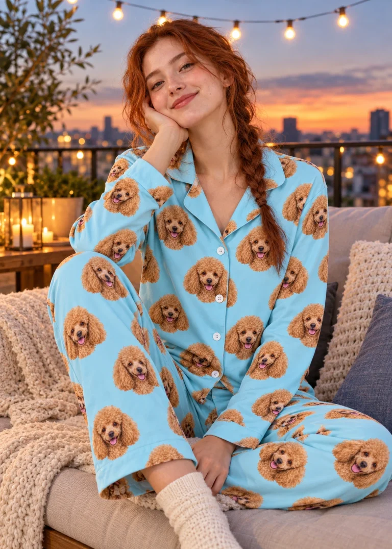 Woman sitting in standard poodle pajamas covered in apricot Poodle faces — MyDogPics