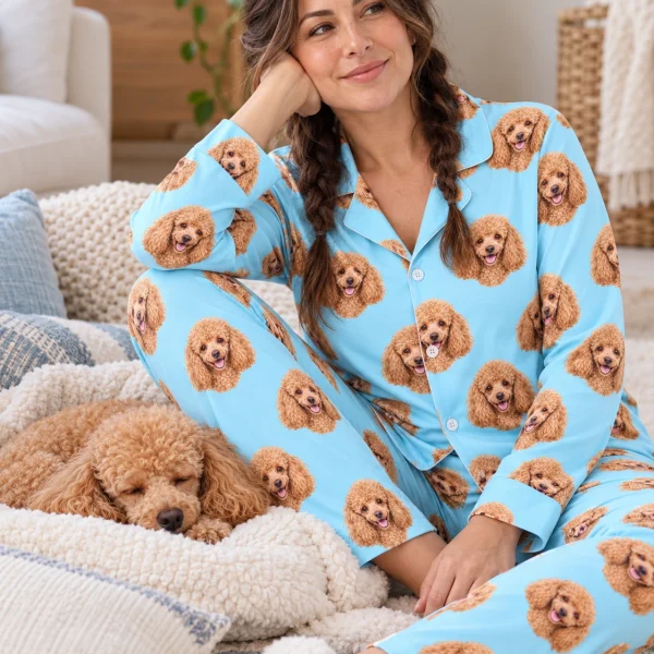 Woman in standard poodle pajamas with her Poodle — MyDogPics