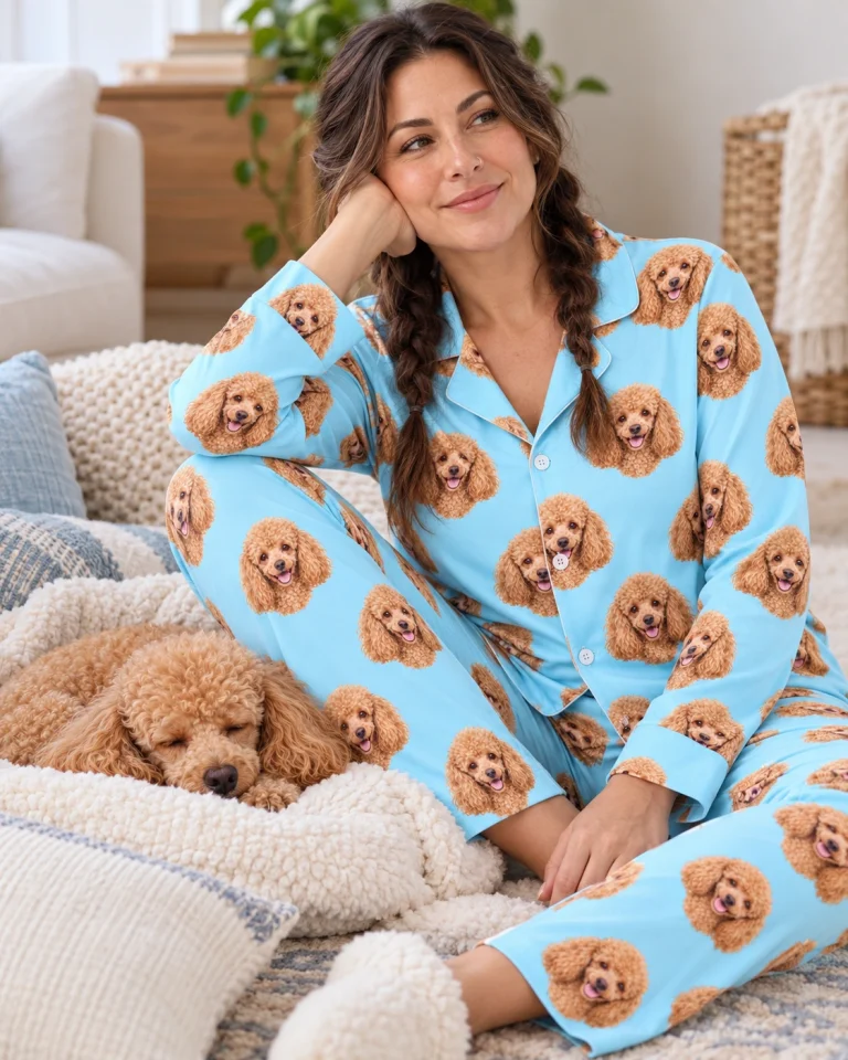 Woman in standard poodle pajamas with her Poodle — MyDogPics