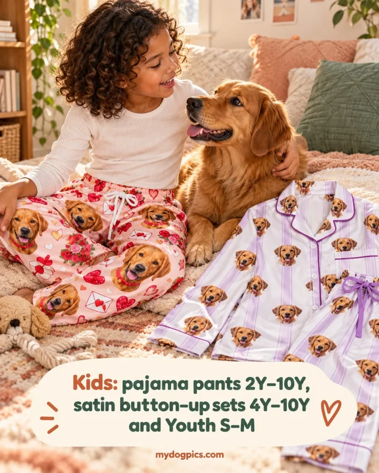 Girl in pink pajama pants printed with golden retriever faces beside her dog, kids summer pajamas, MyDogPics