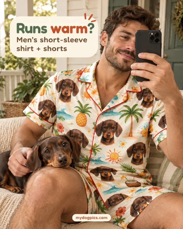 Bearded man in a short-sleeve pajama shirt and shorts printed with dachshund faces, men's summer pajamas, MyDogPics