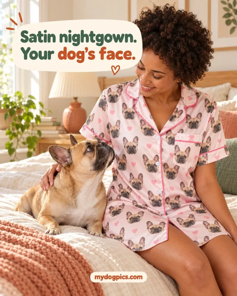 Woman in a pink satin nightgown printed with her French bulldog's face, ladies summer pajamas, MyDogPics
