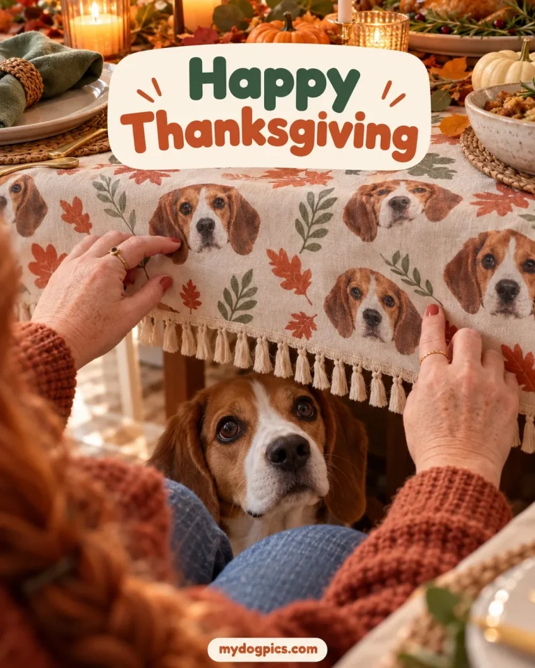 Woman lifting a tablecloth printed with beagle faces to a beagle underneath, a thanksgiving pajamas table idea, MyDogPics