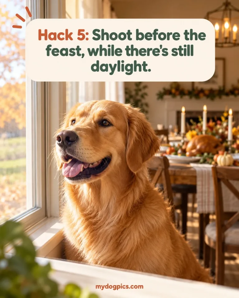 Golden retriever by a sunny window with a Thanksgiving table behind it: photo timing for thanksgiving pajamas, MyDogPics