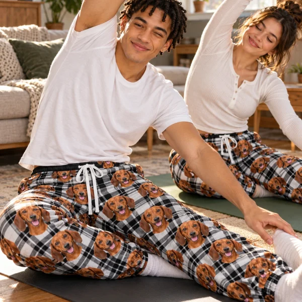 Man and his partner in matching weiner dog pajama pants with red smooth-coated Dachshund faces — MyDogPics