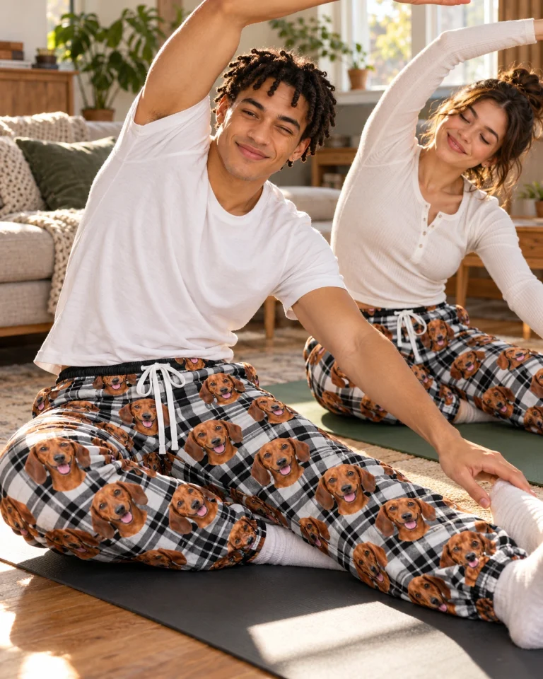 Man and his partner in matching weiner dog pajama pants with red smooth-coated Dachshund faces — MyDogPics