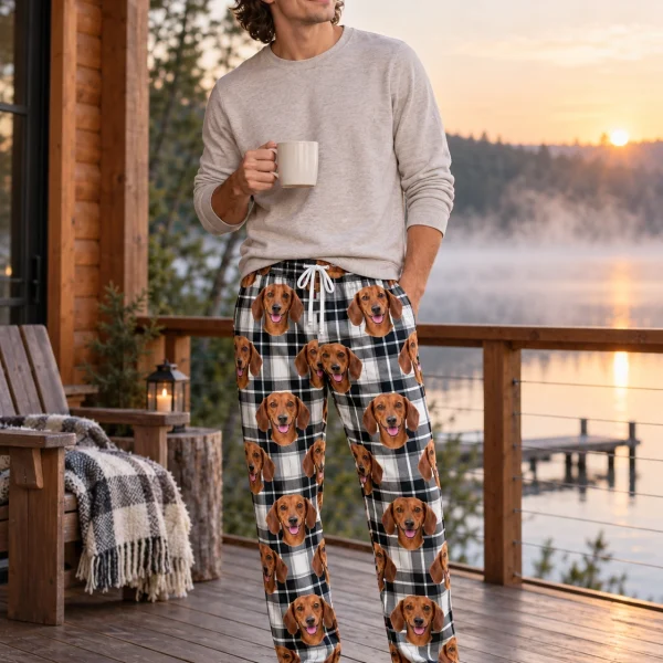 Man posing in weiner dog pajama pants, red smooth-coated Dachshund faces on white plaid fabric — MyDogPics