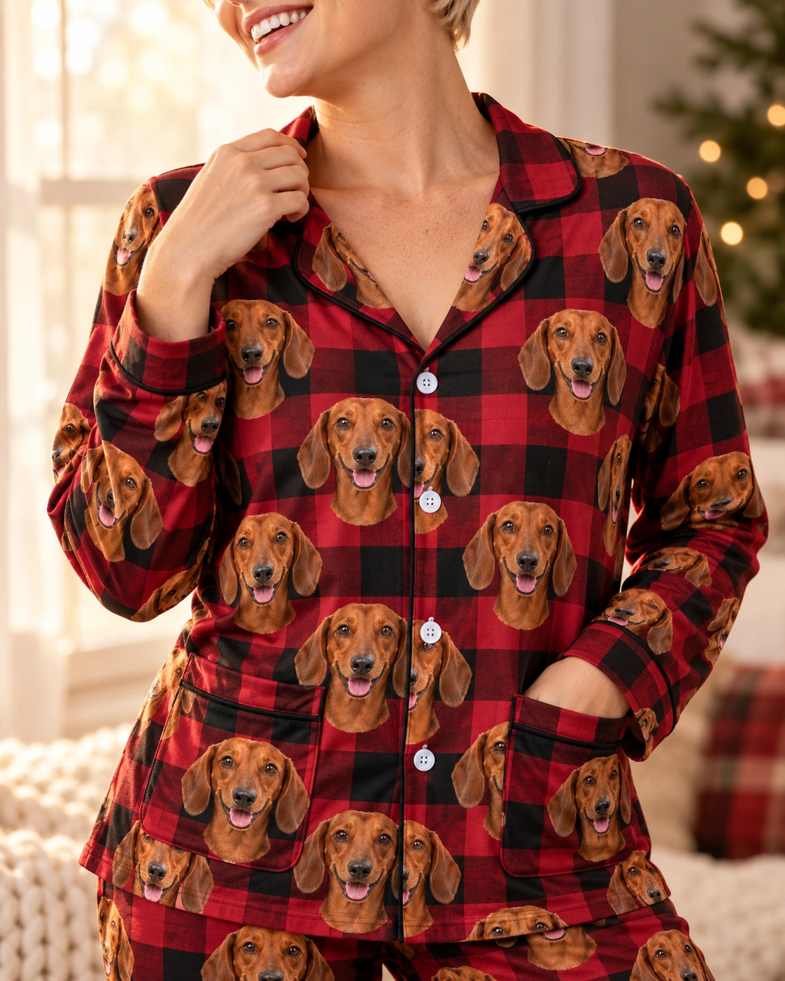 Wiener Dog Christmas Pajamas – Print Close-Up, Red Plaid | MyDogPics Close-up of the wiener dog Christmas pajamas print: red smooth-coated Dachshund faces on red plaid fabric — MyDogPics