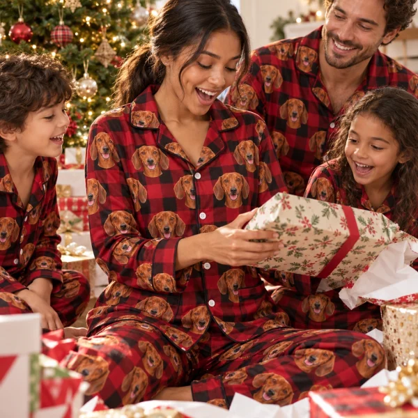 Woman and her family in matching wiener dog Christmas pajamas with red smooth-coated Dachshund faces — MyDogPics