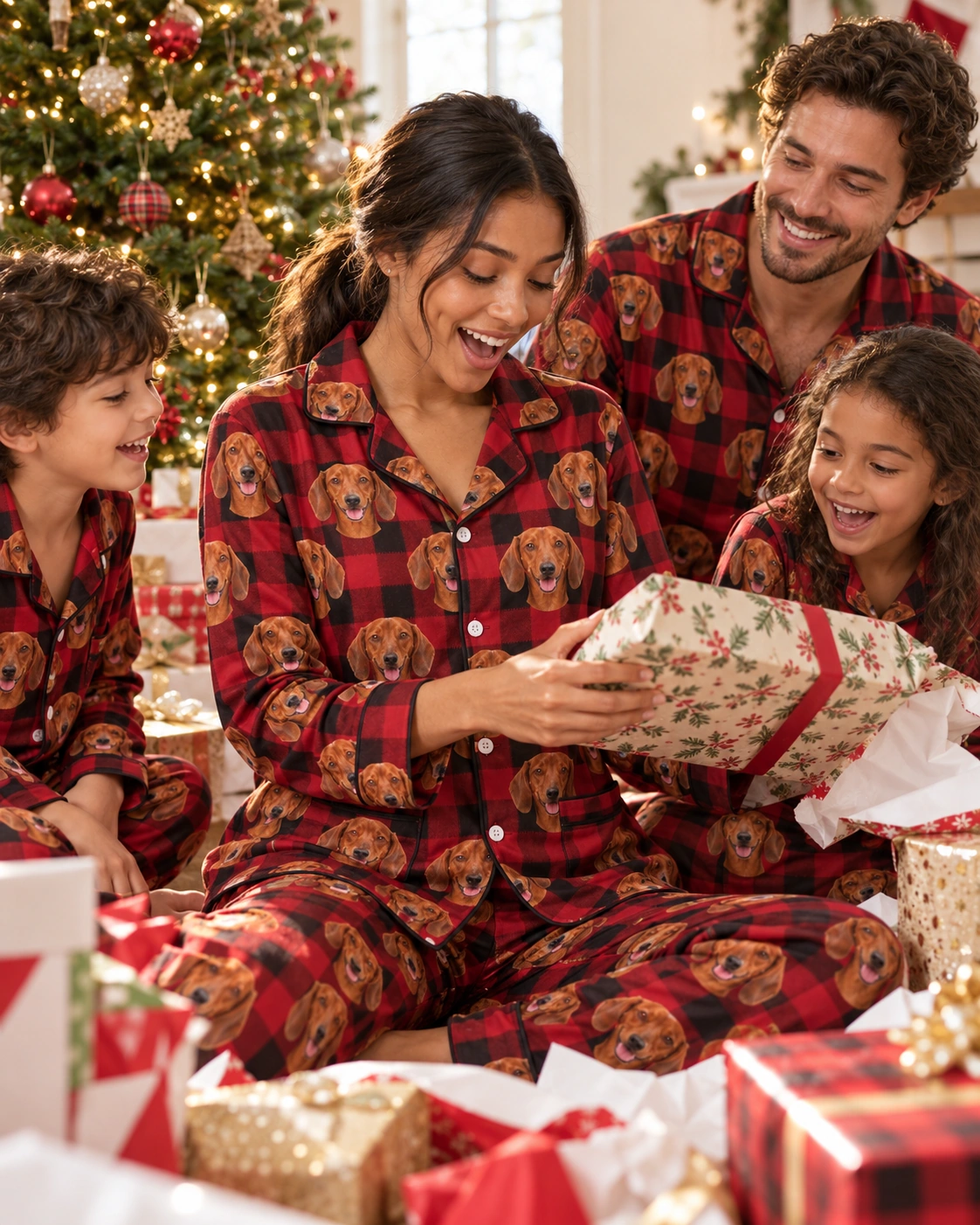Wiener Dog Christmas Pajamas – Family, Red Plaid | MyDogPics Woman and her family in matching wiener dog Christmas pajamas with red smooth-coated Dachshund faces — MyDogPics