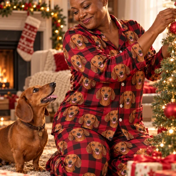 Woman in wiener dog Christmas pajamas with her Dachshund — MyDogPics