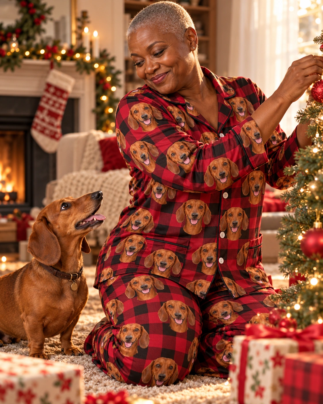 Wiener Dog Christmas Pajamas – With Dog, Red Plaid | MyDogPics Woman in wiener dog Christmas pajamas with her Dachshund — MyDogPics
