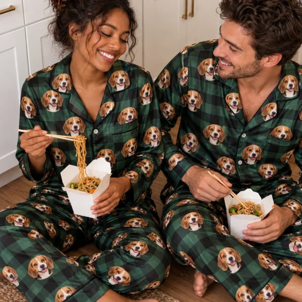 Woman and her partner in matching womens beagle Christmas pajamas — MyDogPics