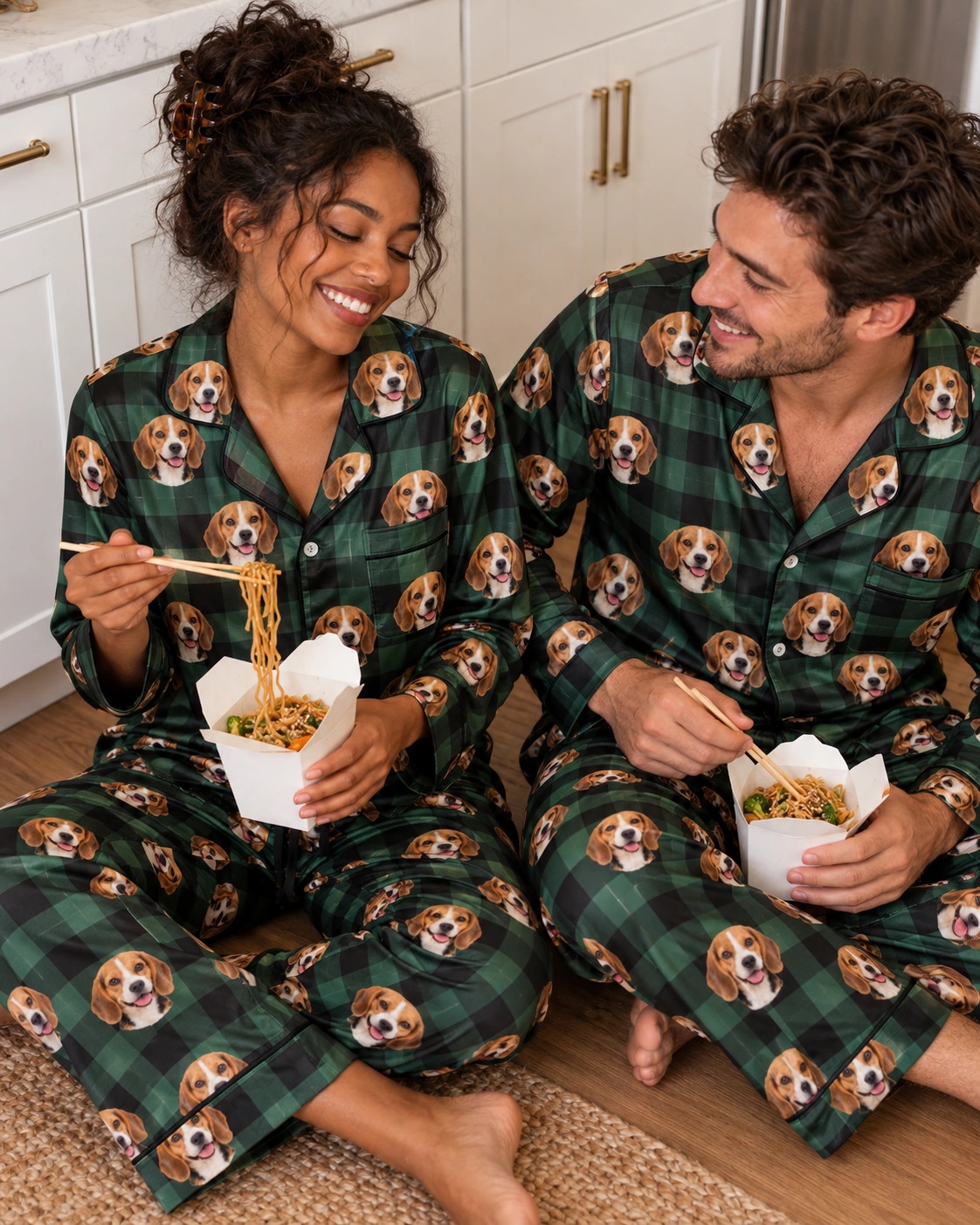 Women’s Beagle Christmas Pajamas – Family, Green Plaid | MyDogPics Woman and her partner in matching womens beagle Christmas pajamas — MyDogPics