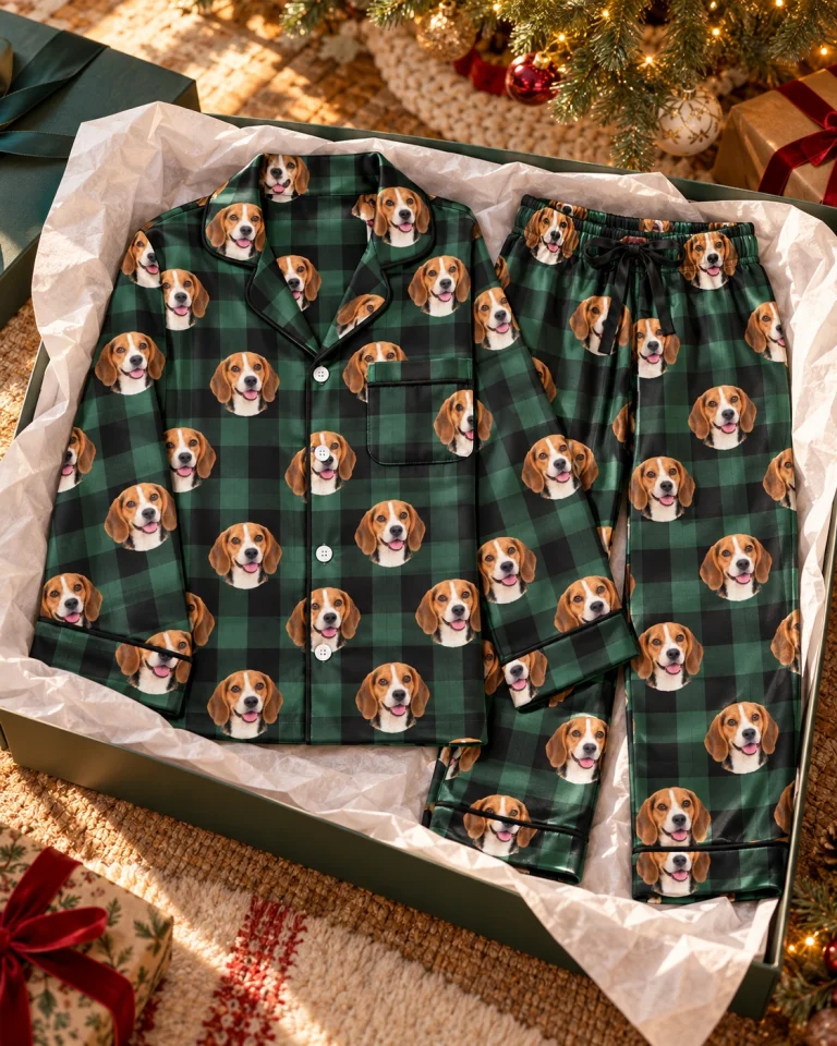 Flat lay of womens beagle Christmas pajamas — MyDogPics