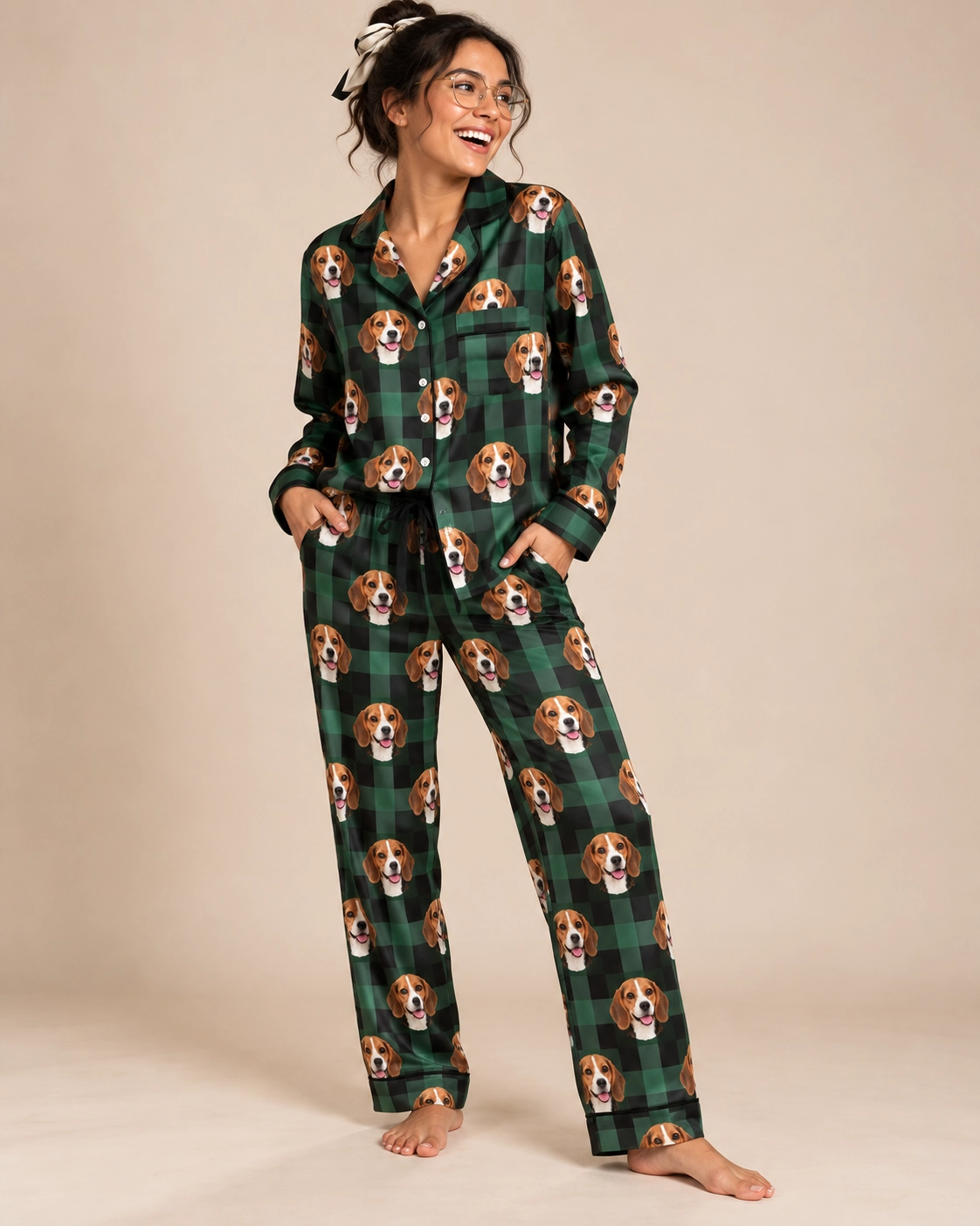 Women’s Beagle Christmas Pajamas – Front View, Green Plaid | MyDogPics Woman wearing womens beagle Christmas pajamas covered in tricolor Beagle (black, tan and white) faces — MyDogPics