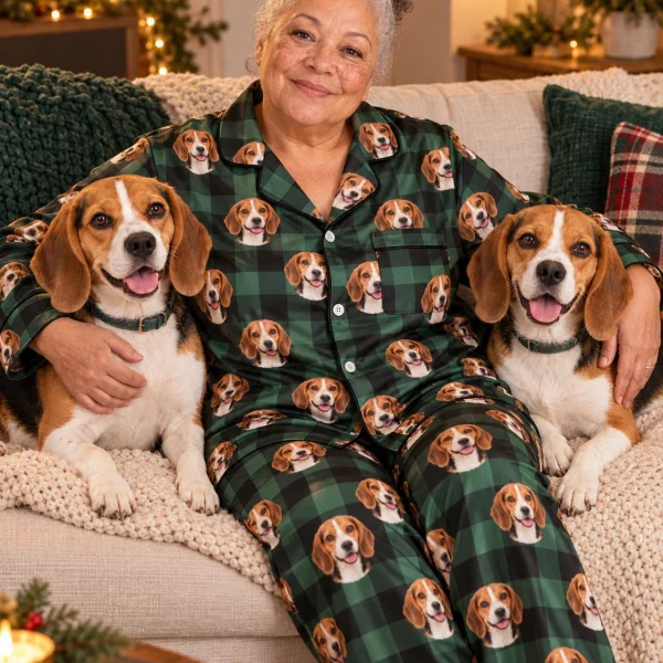 Woman in womens beagle Christmas pajamas with her Beagle — MyDogPics