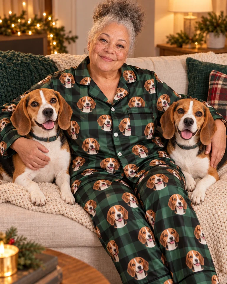 Woman in womens beagle Christmas pajamas with her Beagle — MyDogPics