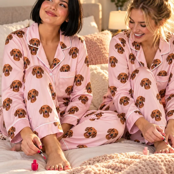 Woman and her friend in matching womens dachshund pajamas with red smooth-coated Dachshund faces — MyDogPics