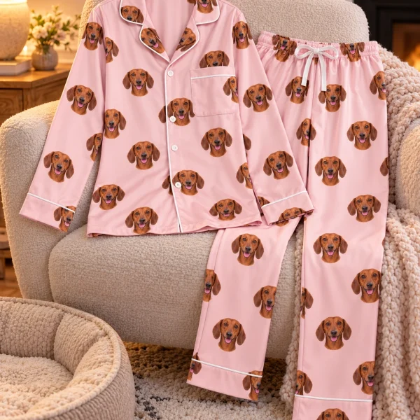 Flat lay of womens dachshund pajamas: shirt and pants covered in red smooth-coated Dachshund faces — MyDogPics