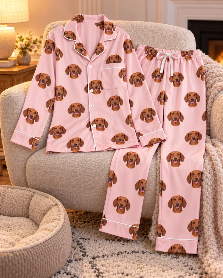 Flat lay of womens dachshund pajamas: shirt and pants covered in red smooth-coated Dachshund faces — MyDogPics