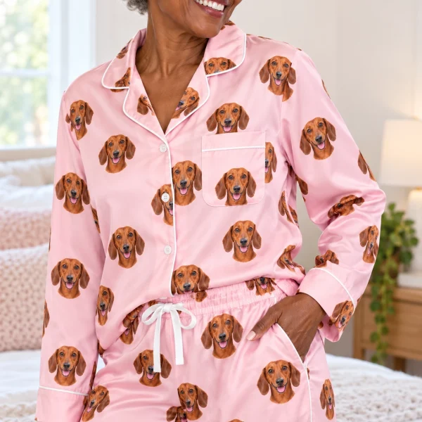 Woman posing in womens dachshund pajamas, red smooth-coated Dachshund faces on blush pink satin — MyDogPics