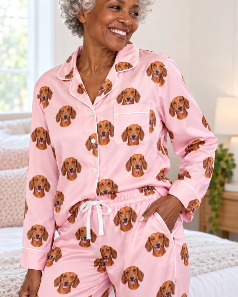 Woman posing in womens dachshund pajamas, red smooth-coated Dachshund faces on blush pink satin — MyDogPics