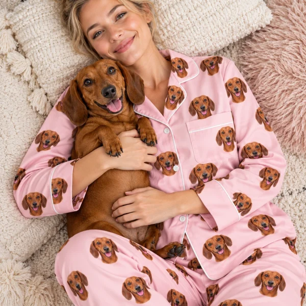 Woman in womens dachshund pajamas with her Dachshund — MyDogPics