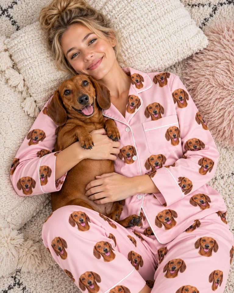 Woman in womens dachshund pajamas with her Dachshund — MyDogPics