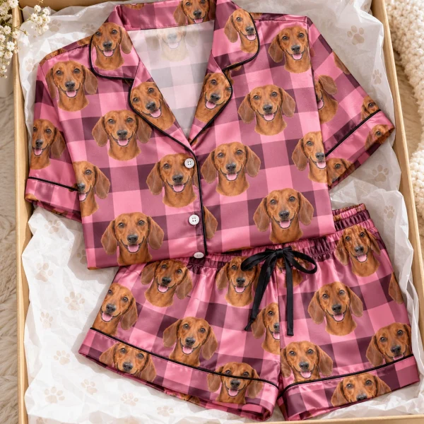 Flat lay of womens dachshund short sleeve pajamas: shirt and shorts covered in red smooth-coated Dachshund faces — MyDogPics