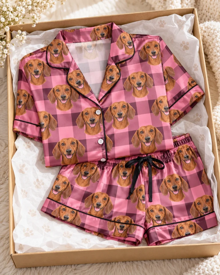 Flat lay of womens dachshund short sleeve pajamas: shirt and shorts covered in red smooth-coated Dachshund faces — MyDogPics