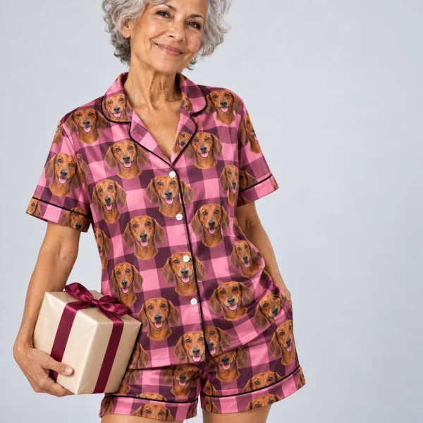 Woman posing in womens dachshund short sleeve pajamas, red smooth-coated Dachshund faces on pink plaid satin — MyDogPics